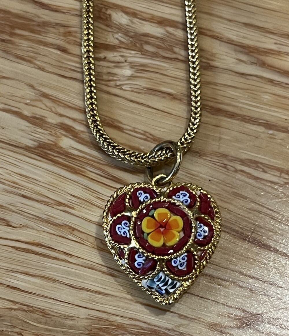 Vintage Italy Micro Mosaic Floral Heart Pendant & Monet Gold Toned Necklace 18”